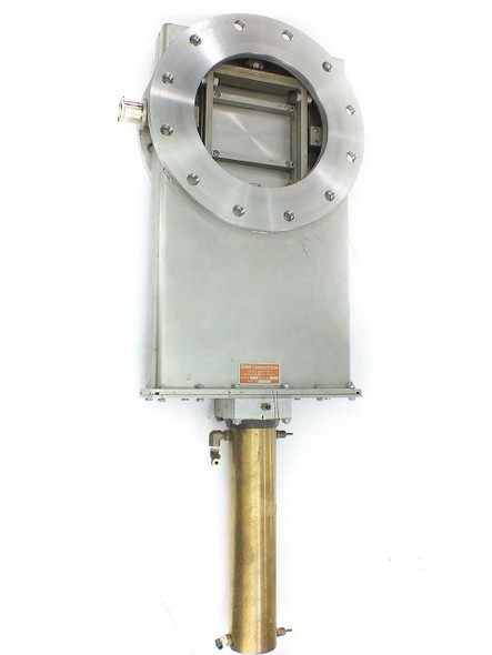 GNB G10PSORPX stainless steel pneumatic gate valve – front view showing 16-inch circular flange with bolt holes, stainless steel body, and brass pneumatic actuator cylinder below