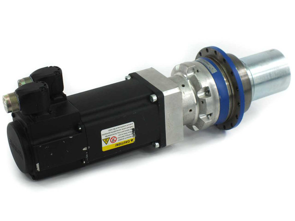 Rexroth MSK040B servo motor with Wittenstein Alpha gearbox – right-side angled view showing motor body, caution label, and gearbox output shaft