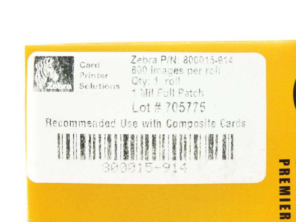 Zebra 800015-914 box label showing P/N, 600 images per roll, 1 Mil Full Patch, Lot 705775, composite card use