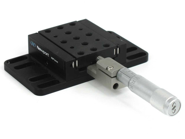 Newport 460P-X modular ball bearing linear stage with SM-25 vernier micrometer – angled front-right view showing Newport logo, tapped top plate, and micrometer actuator