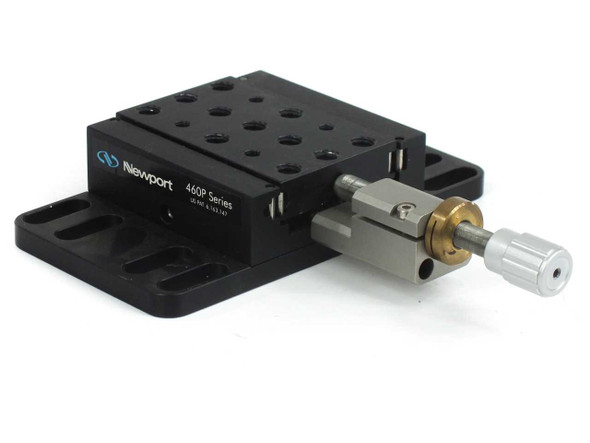 Newport 460P-X modular ball bearing linear stage — front-right three-quarter view showing Newport 460P Series label, tapped top plate, and micrometer actuator