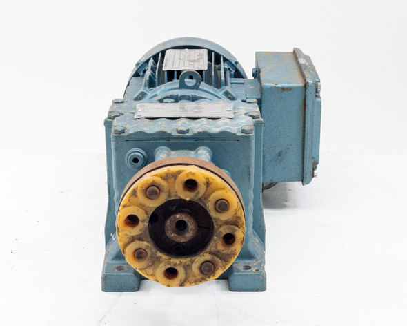 SEW-EURODRIVE R27DT71D4TH gear motor – direct front view of hollow output shaft flange with bolt pattern and surface rust
