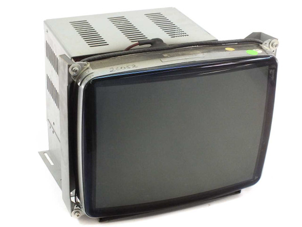 Lucius & Baer CC15V-NET industrial CRT monitor three-quarter front view with metal enclosure and mounting flanges visible