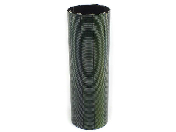 Solopower SP1 CIGS 60-cell solar string rolled into a cylinder showing full roll form factor and stainless steel backing