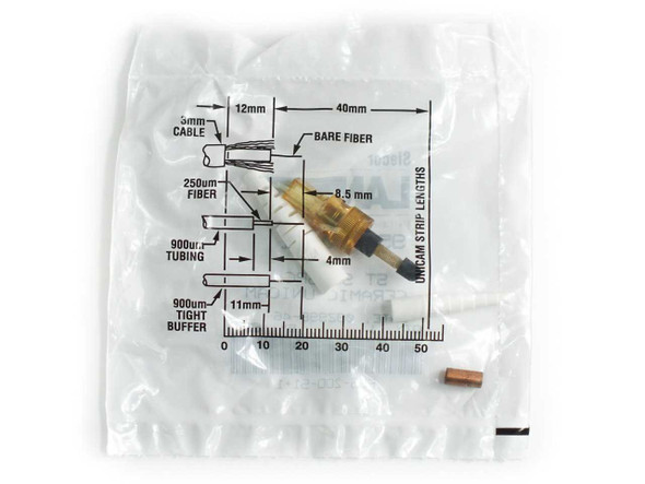 Siecor LANscape 95-200-51 ST SM SPC Ceramic Unicam fiber optic connector shown in sealed clear package with Unicam strip-length measurement guide printed on bag