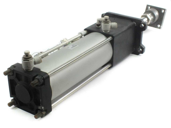 SMC CDNAFN100-250 pneumatic cylinder rear-right view showing stainless barrel, port fittings, and front flange plate