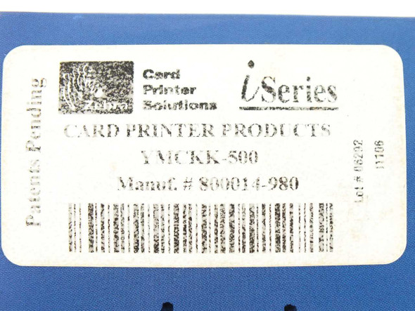 Zebra YMCKK-500 label showing model YMCKK-500 and manufacturer part number 800014-980