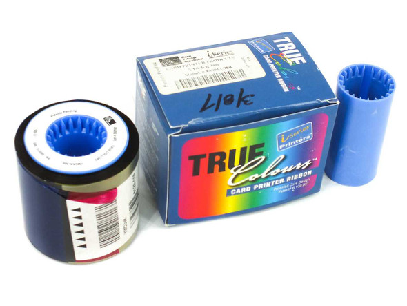 Zebra YMCKK-500 True Colours card printer ribbon with blue core and original box, front view