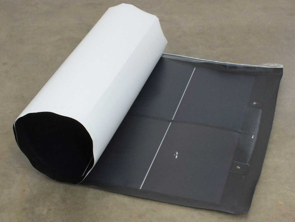 Xunlight XRD12-100 flexible amorphous solar panel partially rolled up, showing dark cell surface and white ETFE backing