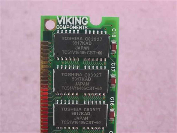 Viking Components 32MB EDO DIMM – close-up of Toshiba TC51V16405CST-60 memory chips and Viking Components label