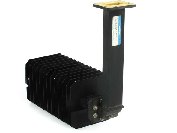 Mitec WR-159 1000W waveguide dummy load extender front-left view showing finned heat sink body and WR-159 waveguide port at top