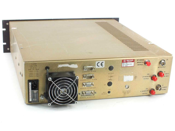 Miteq U-9453 upconverter – rear panel view showing RF output, IF input ports, DB9 alarm and remote interface connectors, and cooling fan