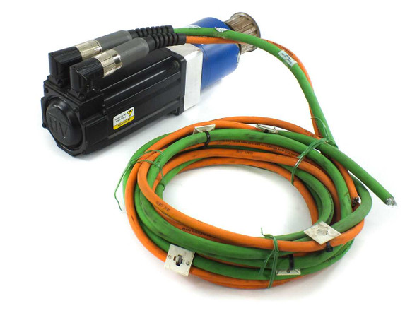 Allen-Bradley MPL-B330P-HK72AA MP-Series servo motor with Wittenstein gear reducer and bundled orange and green servo cables — side view