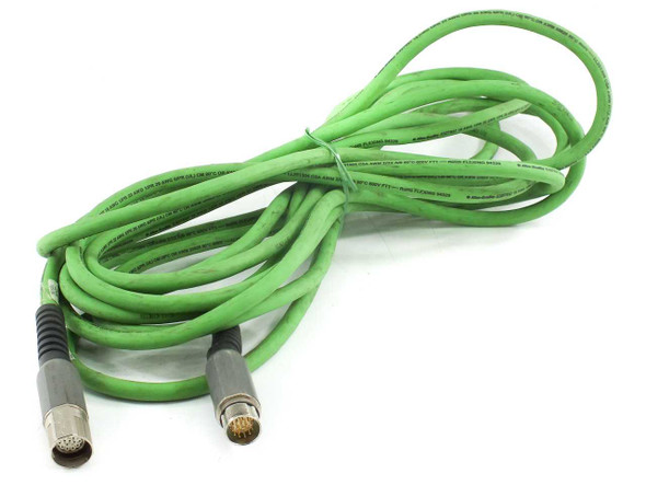 Allen-Bradley 2090-CFBM7E7-CDAF09 green motor feedback cable coiled, full length view showing both SpeedTec DIN connectors
