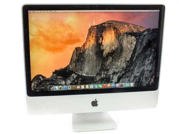 Apple iMac A1225 24-inch front view showing aluminum and white enclosure with OS X Yosemite desktop displayed on screen