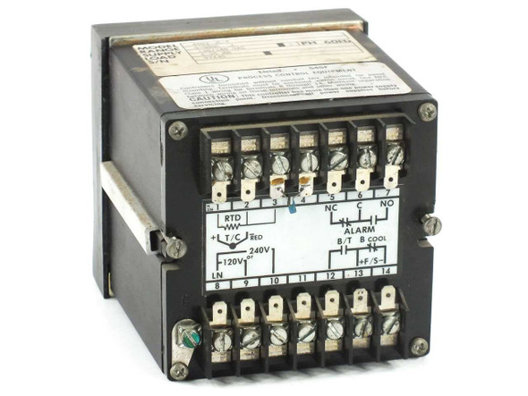 Omega 4002-JC-F rear terminal block — 14-position screw terminals with RTD, T/C, alarm (NC/C/NO), 120V/240V power wiring diagram label