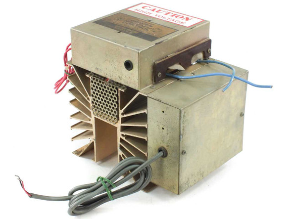 Control Systems Research 662F-22-031-00 Series 662 Power Control front-left view showing large aluminum finned heat sink, attached wiring leads, and Caution High Voltage label on top