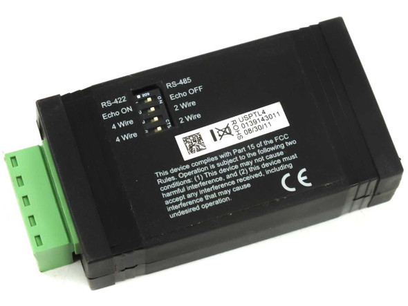 B&B Electronics USPTL4 — bottom label showing RS-422/RS-485 jumper settings, FCC compliance, and serial number