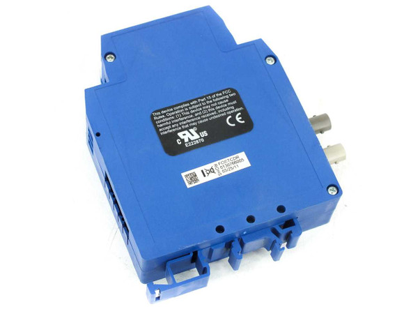 B&B Electronics FOSTCDR bottom view showing FCC/CE compliance label, UL mark E222870, and barcode label