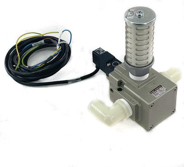 SMC VG342R-5D-10N solenoid valve assembly showing silencer, body, elbow port fitting, and coiled wiring harness — right-side view