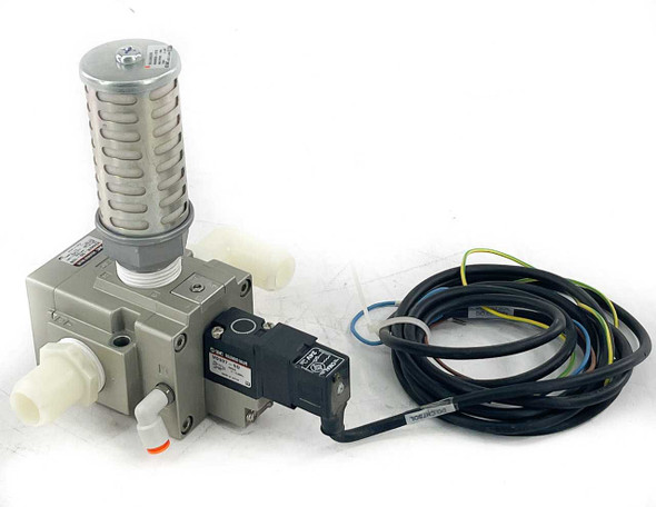 SMC VG342R-5D-10N 3-port pilot poppet solenoid valve with NAN600-N10 silencer and attached wiring harness — front-left view