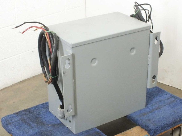 Hevi-Duty HT1F9AS transformer — rear view showing gray enclosure, output lead wires, and mounting flanges on right side