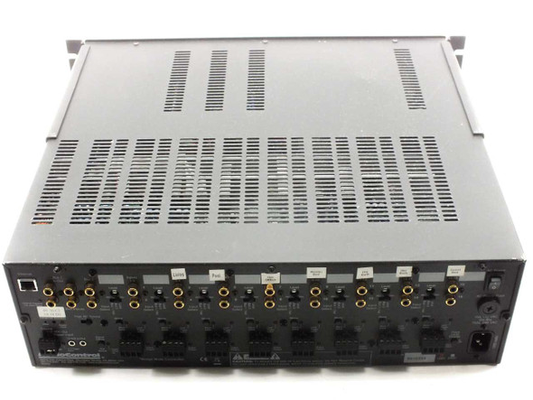 AudioControl D4400 Director rear panel view — showing rows of gold RCA input connectors, speaker terminal blocks, Ethernet port, and IEC power inlet