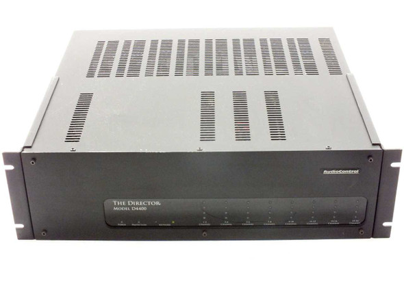 AudioControl D4400 Director 16-Channel Network Power Amplifier — front panel view, brushed black 3U rackmount chassis with 'The Director Model D4400' nameplate and row of indicator LEDs