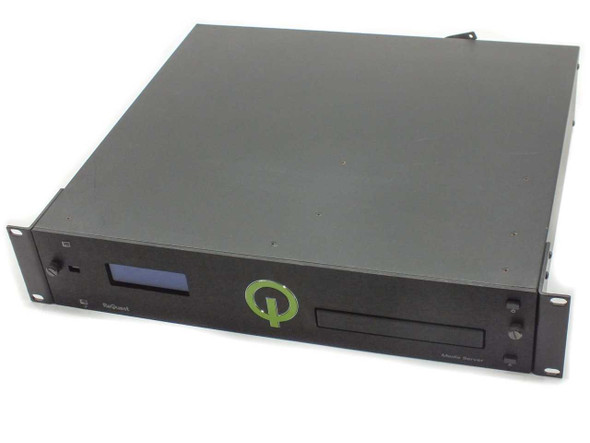 ReQuest F2 Media Server – front panel angled view showing LCD display, CD/DVD drive slot, and ReQuest logo