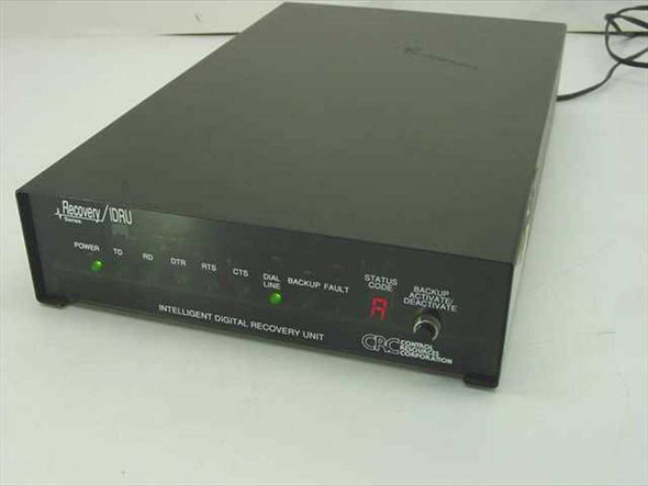 CRC IDRU-II Intelligent Digital Recovery Unit front panel showing POWER, TD, RD, DTR, RTS, CTS, DIAL LINE, BACKUP, FAULT LED indicators, red STATUS CODE display, and CRC Control Resources Corporation logo