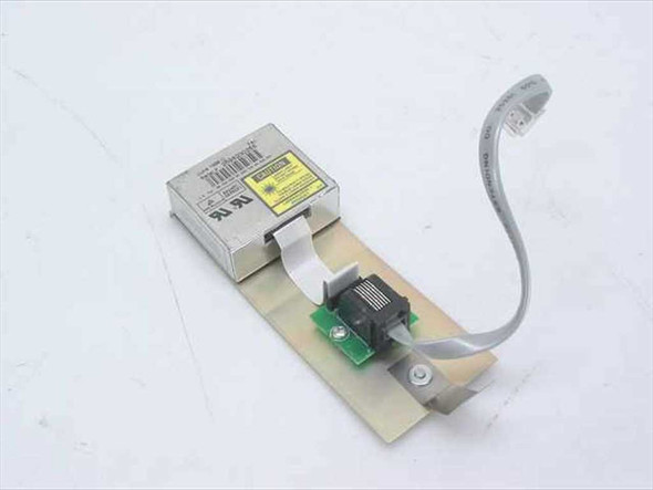 Control Module Inc 2108-001 bar code scanner — opposite-angle view showing laser engine housing with yellow caution label, PCB, and RJ cable