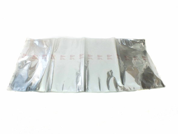 Cadpak HD100 MIL-PRF-131K military barrier bags laid flat and fanned out, showing red mil-spec printing on silver exterior film