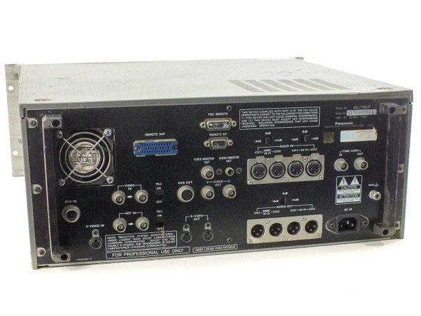 Panasonic AG-7750 rear panel showing Remote D24F connector, TBC Remote port, S-Video inputs/outputs, BNC video connectors, XLR audio connectors, and IEC power inlet