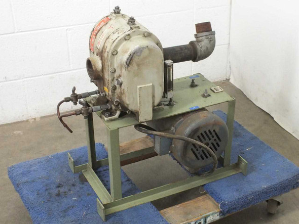 MD Pneumatics 11-3202.5 belt drive vacuum pump with Robbins Myers motor on green steel stand frame – left front view