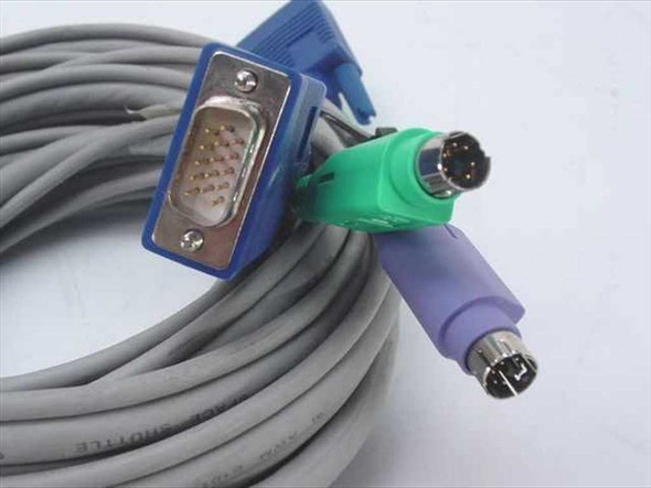 Compaq 147095-001 KVM cable CPU-end connectors closeup showing blue VGA HD15 male, green PS/2 keyboard, and purple PS/2 mouse mini-DIN plugs