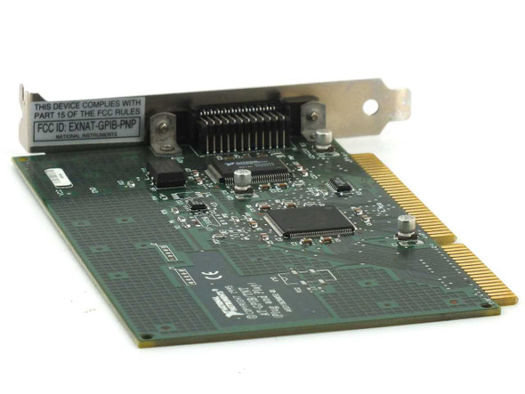National Instruments AT-GPIB/TNT GPIB controller card — rear component side view showing main controller ICs and FCC ID label on bracket