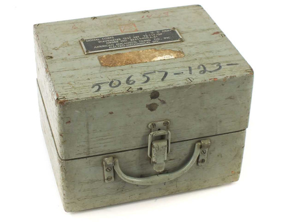 TS-117/GP Wavemeter Test Set wood carrying case exterior with Signal Corps identification plate and handwritten number 50657-123