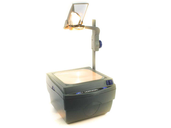 Apollo Horizon 2 V16000 overhead transparency projector – front three-quarter view with arm and mirror raised, bulb illuminated