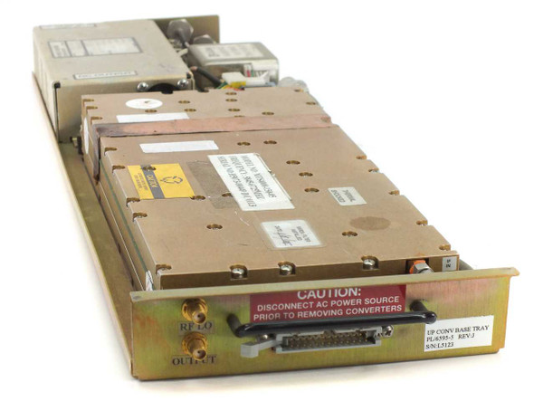 LNR TREXCOM PL/6595 C-Band Upconverter plug-in tray — top/front angled view showing RF LO and Output SMA connectors, D-Sub backplane connector, and caution label