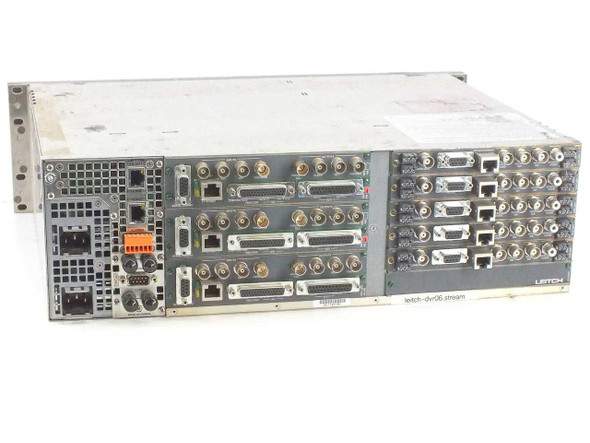 Leitch FR-3923 NEO Frame Synchronizer – rear panel view showing installed cards with BNC, DB25, RJ-45 connectors and power supply module