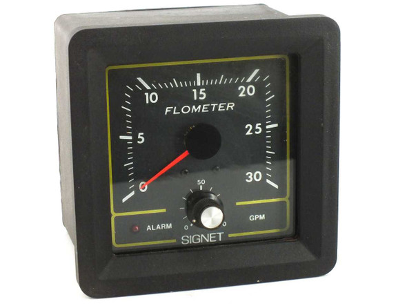 Signet P58540-1 Flometer flow meter front panel view showing analog 0-30 GPM dial face with alarm indicator and adjustment knob