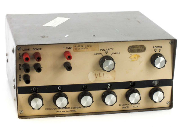 Precision Standards Corp 472A DC Voltage Calibrator – front panel view showing Load/Sense binding posts, 110mV label, Polarity switch, Power switch, and six decade adjustment knobs