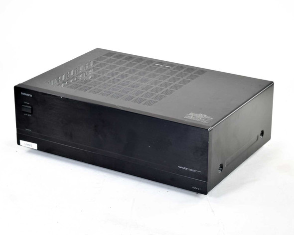 Integra ADM-2.1 stereo power amplifier — front left three-quarter view showing WRAT badge and model designation on black chassis
