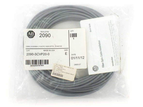 Allen-Bradley 2090-SCVP20-0 fiber optic cable in sealed bag — label showing Cat No., Series E, date 01/11/12, Made in USA