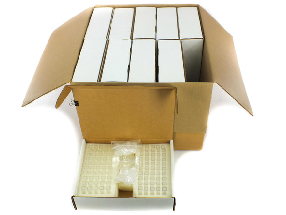 Brandtech macro cuvette lot — open shipping box showing 10 white retail boxes and one open box with foam tray of cuvettes and bagged caps
