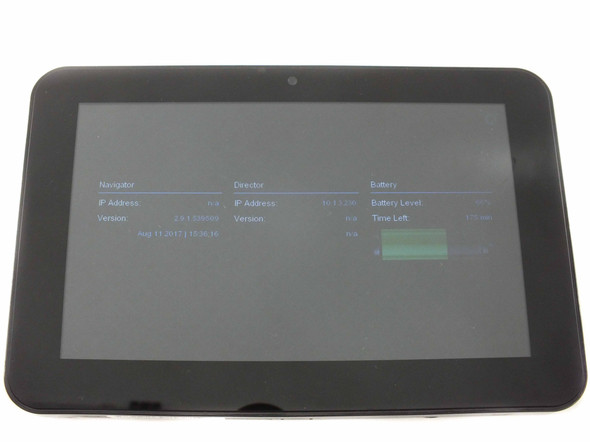 Control4 C4-TSMC7-EN-BL 7-inch portable touch screen – front view showing powered-on status screen with Navigator, Director, and Battery info