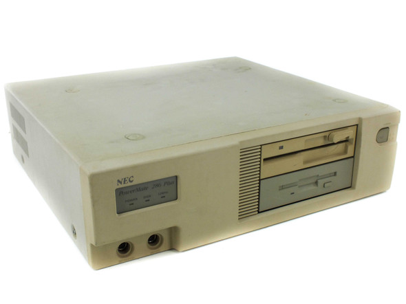 NEC PowerMate 286 Plus PM-20-100B desktop PC — front left three-quarter view showing 5.25-inch and 3.5-inch floppy drive bays and NEC badge