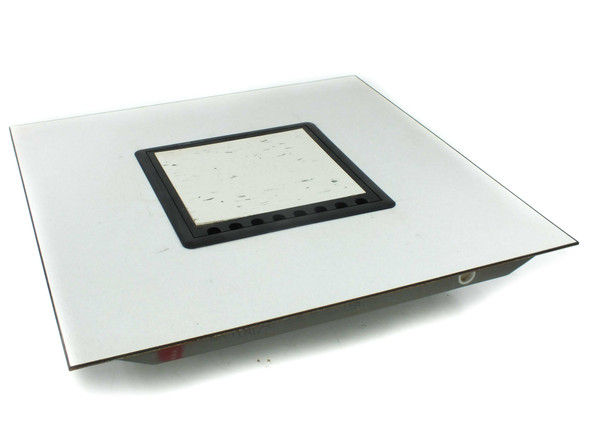 Tate CCN1250 ConCore 1250 raised access floor tile with outlet box lid closed, top view showing white tile surface and black gasket frame