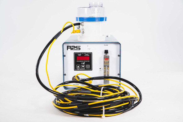 EM Technologies R2S Microbial Air Sampler — front panel view of white R2S controller showing digital LED readout, programmable time setter controls, flow meter, and sampler head mounted on top