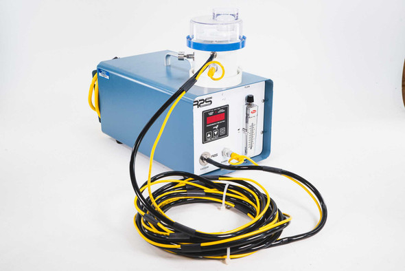 EM Technologies R2S-C.001 Emtek Microbial Air Sampler with R2S controller — three-quarter front view showing blue housing, sampler head, digital display, flow meter, and yellow/black cabling coiled in foreground